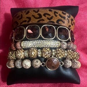 Leopard Print and Brown Bead Stackable Bracelet Set